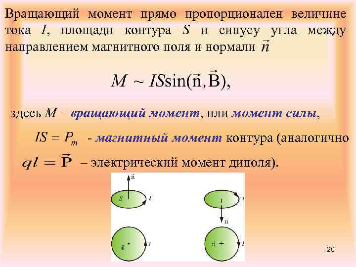 Вращающий момент прямо пропорционален величине тока I, площади контура S и синусу угла между