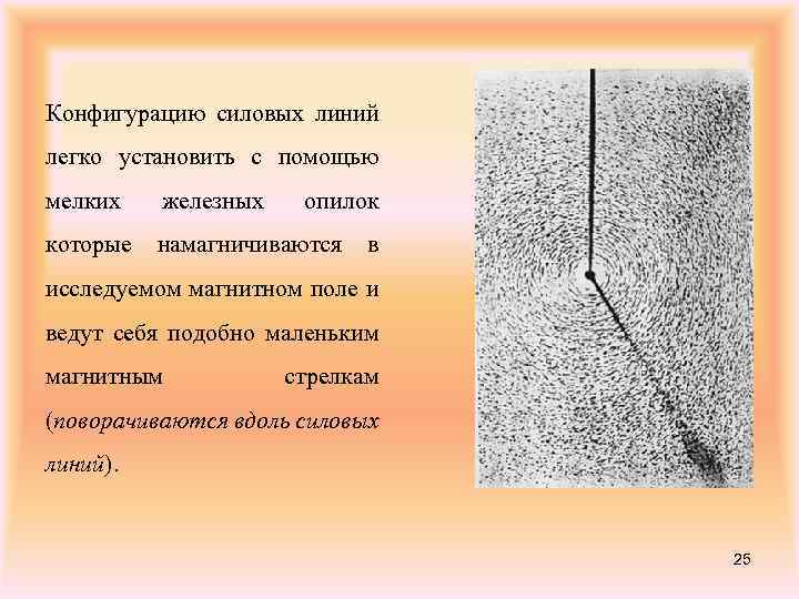 Конфигурацию силовых линий легко установить с помощью мелких железных опилок которые намагничиваются в исследуемом