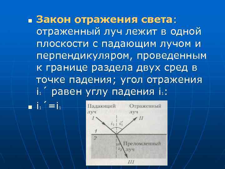 n Закон отражения света: отраженный луч лежит в одной плоскости с падающим лучом и