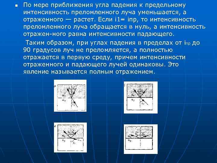 n По мере приближения угла падения к предельному интенсивность преломленного луча уменьшается, а отраженного