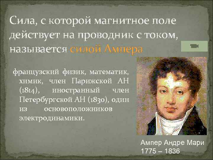 Сила, с которой магнитное поле действует на проводник с током, называется силой Ампера французский
