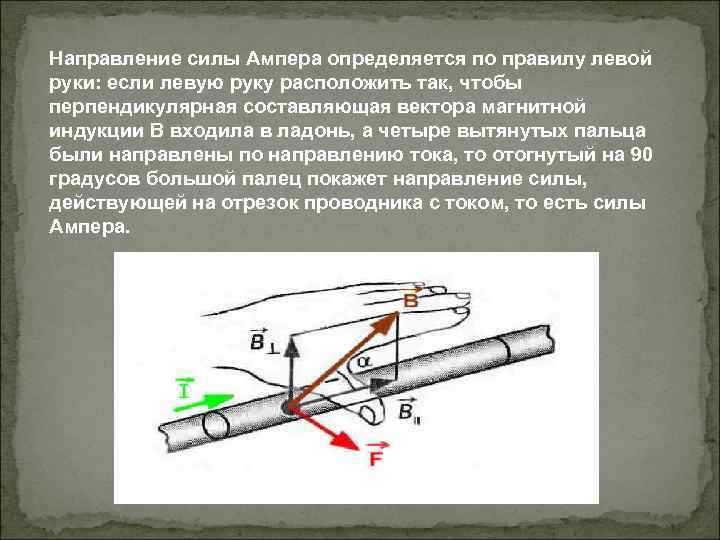 Направление силы Ампера определяется по правилу левой руки: если левую руку расположить так, чтобы
