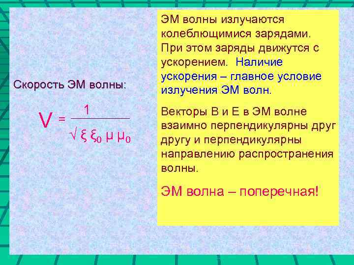 Скорость ЭМ волны: V= 1 √ ξ ξ 0 μ μ 0 ЭМ волны