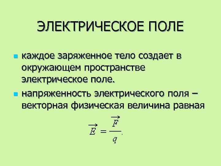 ЭЛЕКТРИЧЕСКОЕ ПОЛЕ n n каждое заряженное тело создает в окружающем пространстве электрическое поле. напряженность