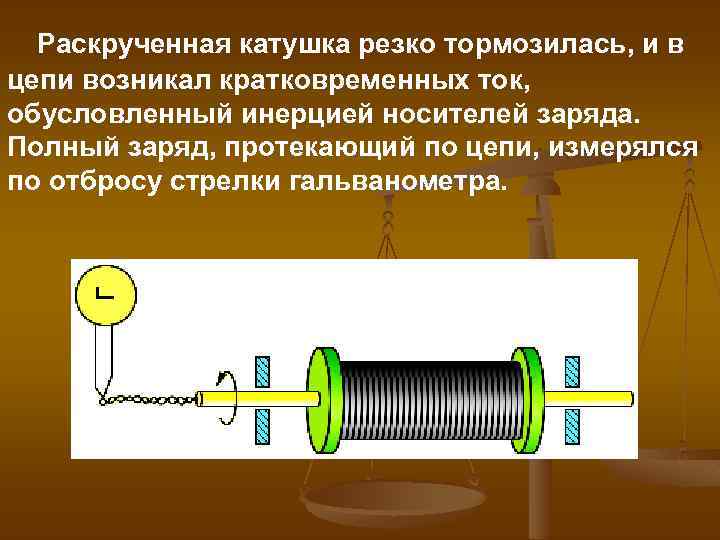  Раскрученная катушка резко тормозилась, и в цепи возникал кратковременных ток, обусловленный инерцией носителей
