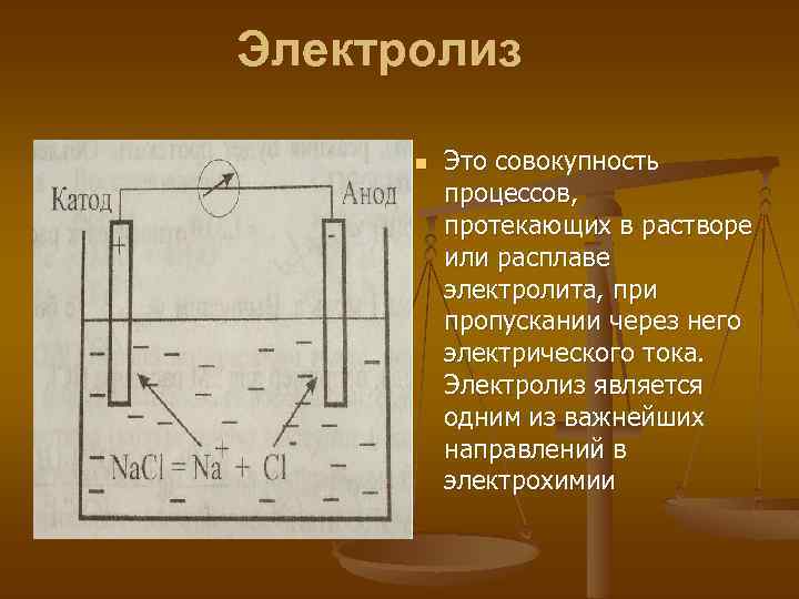 Электролиз n Это совокупность процессов, протекающих в растворе или расплаве электролита, при пропускании через