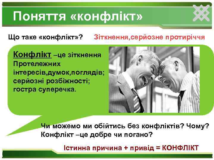 Поняття «конфлікт» Що таке «конфлікт» ? Зіткнення, серйозне протиріччя Конфлікт –це зіткнення Протележних інтересів,