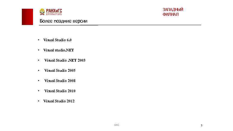 ЗАПАДНЫЙ ФИЛИАЛ Более поздние версии • Visual Studio 6. 0 • Visual studio. NET