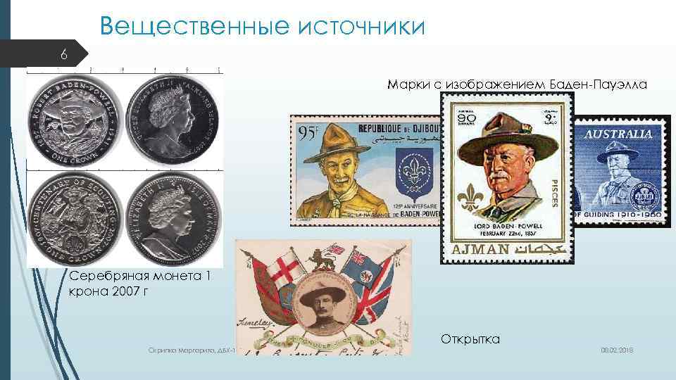 Вещественные источники 6 Марки с изображением Баден-Пауэлла Серебряная монета 1 крона 2007 г Открытка