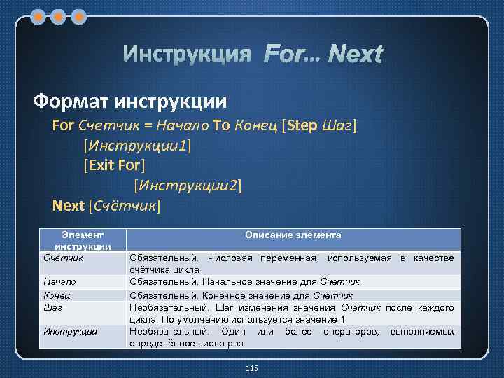 Инструкция For… Next Формат инструкции For Счетчик = Начало То Конец [Step Шаг] For