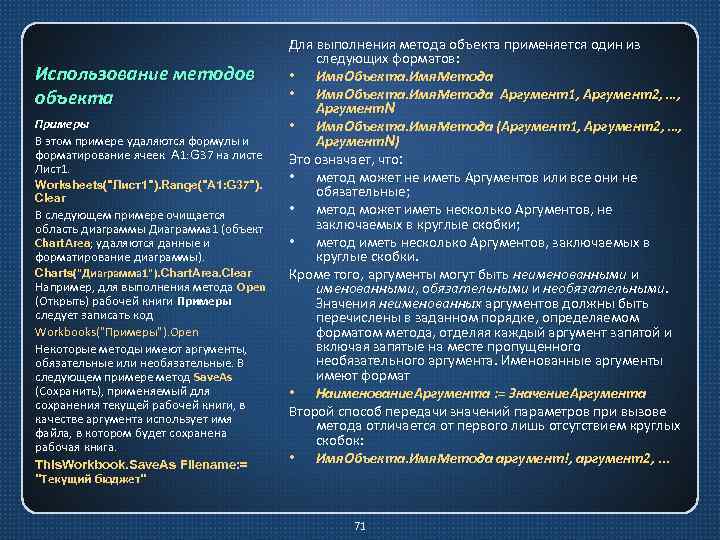 Использование методов объекта Примеры В этом примере удаляются формулы и форматирование ячеек A 1: