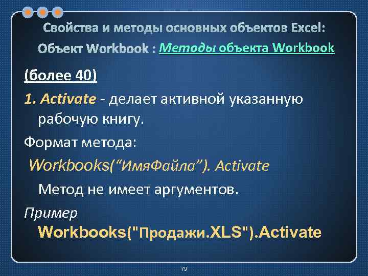 Свойства и методы основных объектов Excel: Методы Объект Workbook : Методы объекта Workbook (более