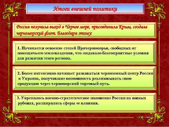 Итоги внешней политики Россия получила выход в Черное море, присоединила Крым, создала черноморский флот.