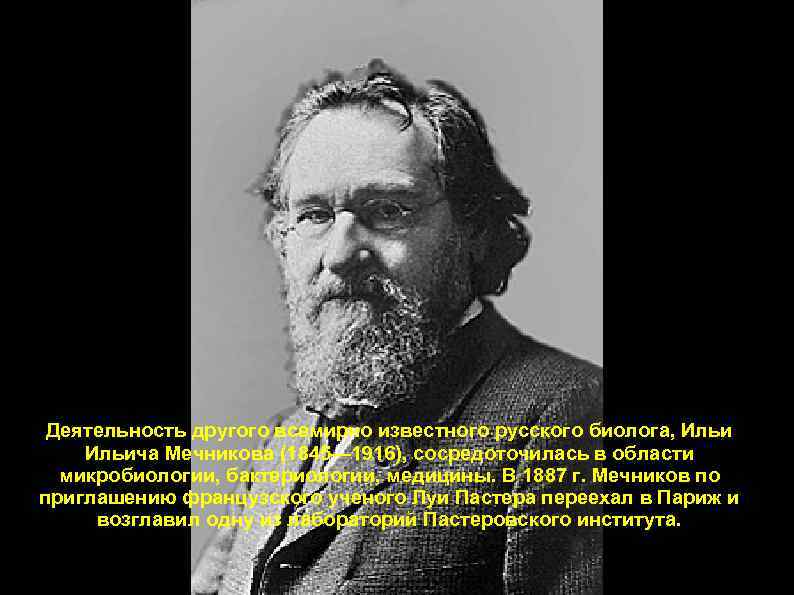Деятельность другого всемирно известного русского биолога, Ильича Мечникова (1845— 1916), сосредоточилась в области микробиологии,