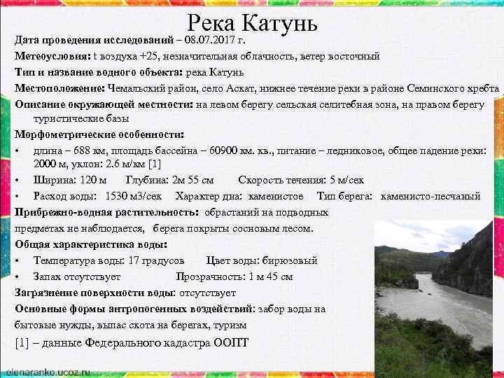 Река г. Катунь Дата проведения исследований – 08. 07. 2017 Метеоусловия: t воздуха +25,