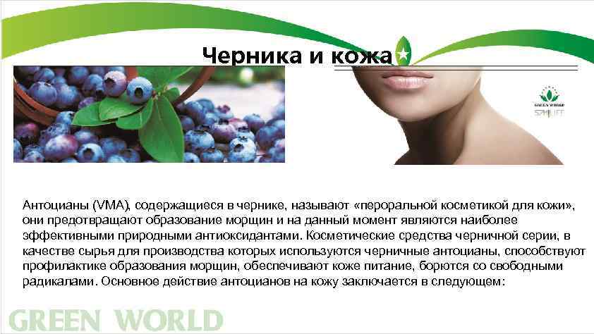 Черника и кожа Антоцианы (VMA), содержащиеся в чернике, называют «пероральной косметикой для кожи» ,