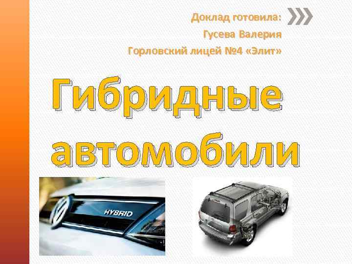 Доклад готовила: Гусева Валерия Горловский лицей № 4 «Элит» Гибридные автомобили 