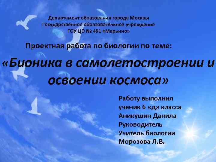 Департамент образования города Москвы Государственное образовательное учреждение ГОУ ЦО № 491 «Марьино» Проектная работа