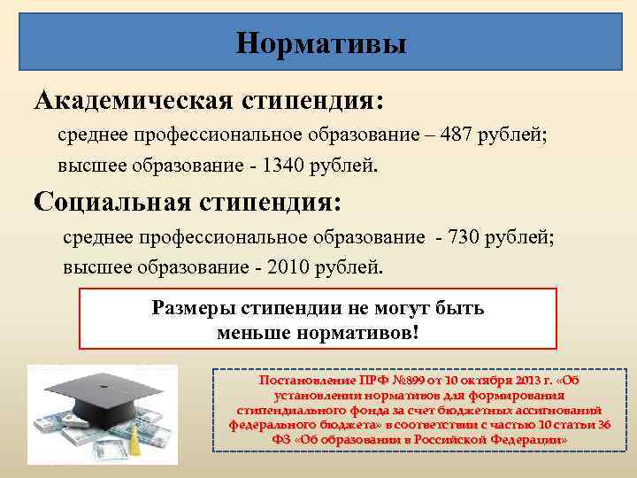 Нормативы Академическая стипендия: среднее профессиональное образование – 487 рублей; высшее образование - 1340 рублей.