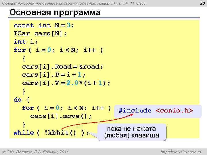 23 Объектно-ориентированное программирование. Языки C++ и C#. 11 класс Основная программа const int N