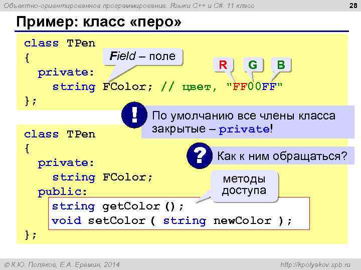 28 Объектно-ориентированное программирование. Языки C++ и C#. 11 класс Пример: класс «перо» class TPen