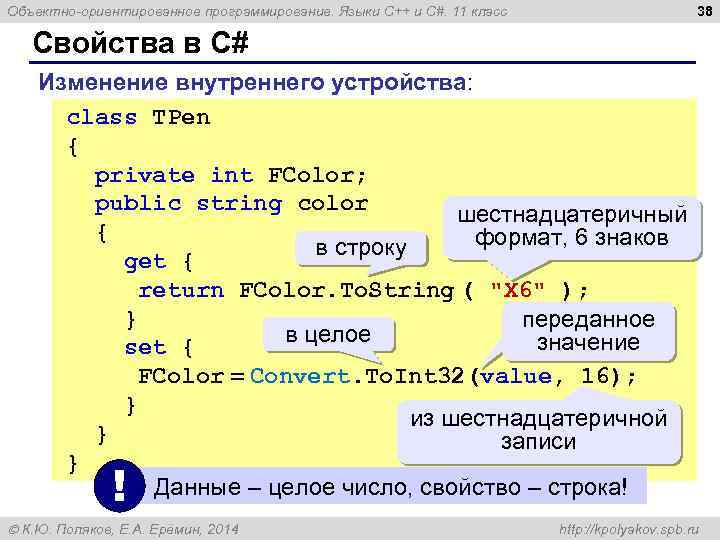 38 Объектно-ориентированное программирование. Языки C++ и C#. 11 класс Свойства в C# Изменение внутреннего