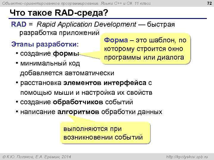 72 Объектно-ориентированное программирование. Языки C++ и C#. 11 класс Что такое RAD-среда? RAD =