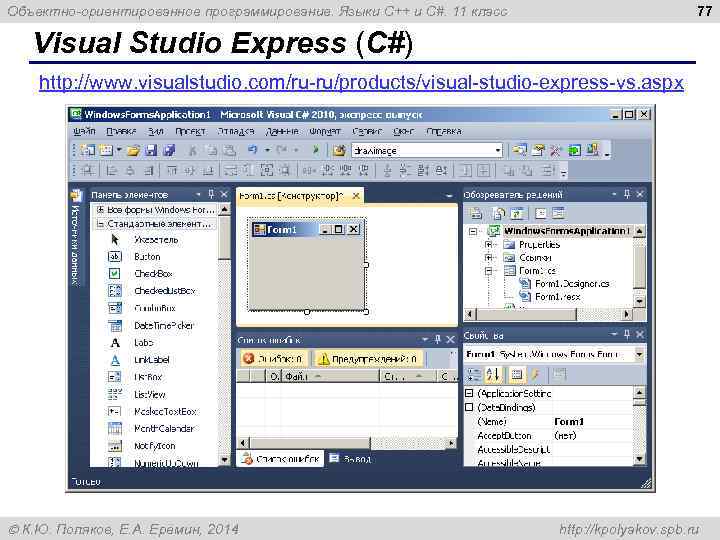 77 Объектно-ориентированное программирование. Языки C++ и C#. 11 класс Visual Studio Express (C#) http: