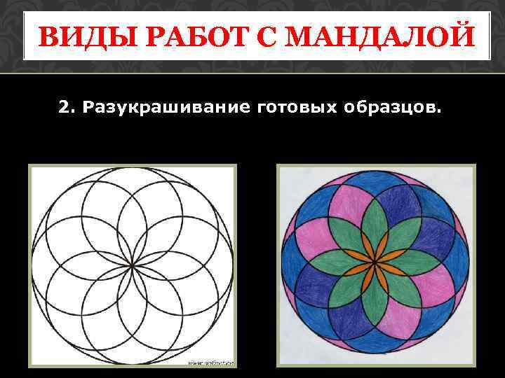 ВИДЫ РАБОТ С МАНДАЛОЙ 2. Разукрашивание готовых образцов. 