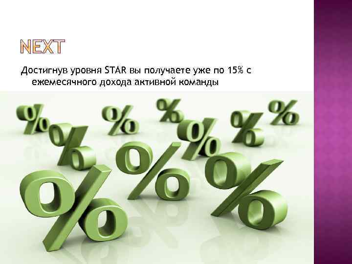 Достигнув уровня STAR вы получаете уже по 15% с ежемесячного дохода активной команды 