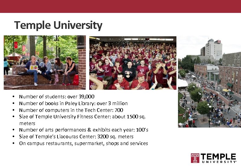 Temple University Number of students: over 39, 000 Number of books in Paley Library: