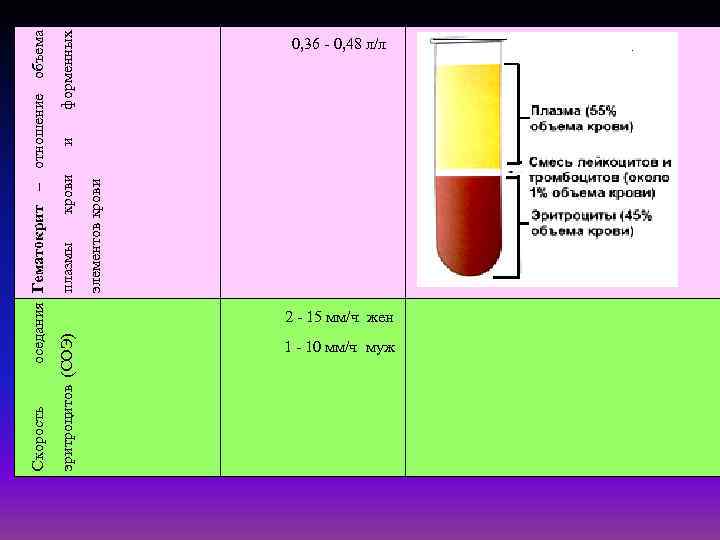крови элементов крови плазмы и форменных оседания Гематокрит – отношение объема эритроцитов (СОЭ) Скорость