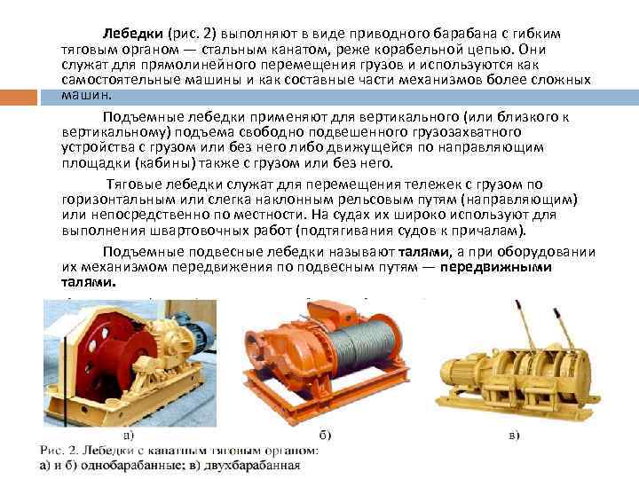 Лебедки (рис. 2) выполняют в виде приводного барабана с гибким тяговым органом — стальным