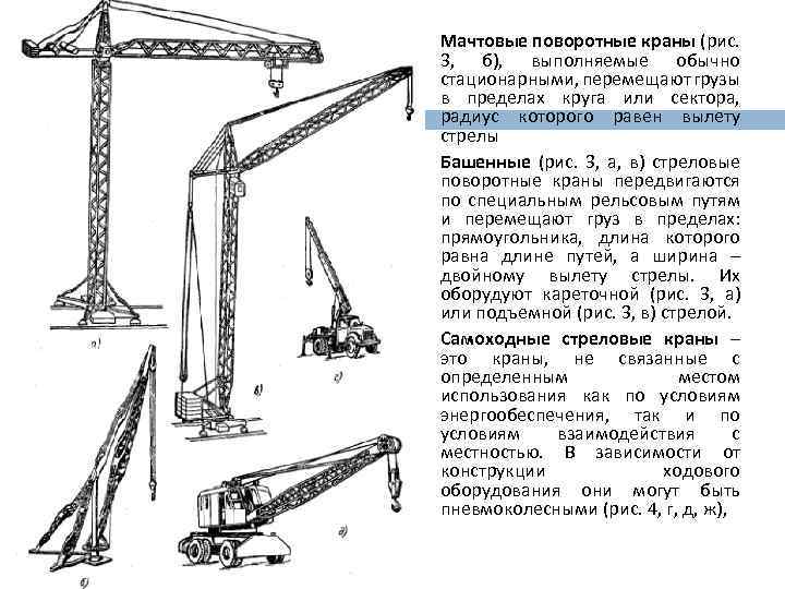  Мачтовые поворотные краны (рис. 3, б), выполняемые обычно стационарными, перемещают грузы в пределах