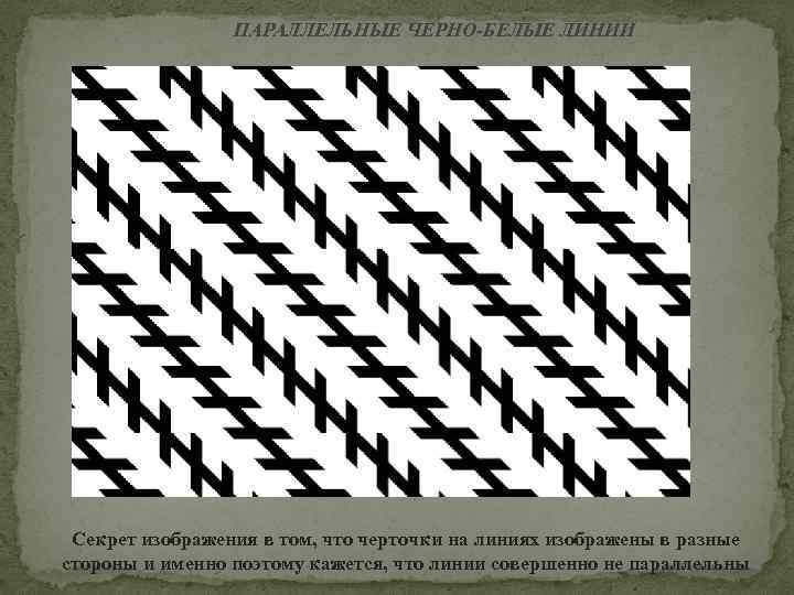 ПАРАЛЛЕЛЬНЫЕ ЧЕРНО-БЕЛЫЕ ЛИНИИ Секрет изображения в том, что черточки на линиях изображены в разные