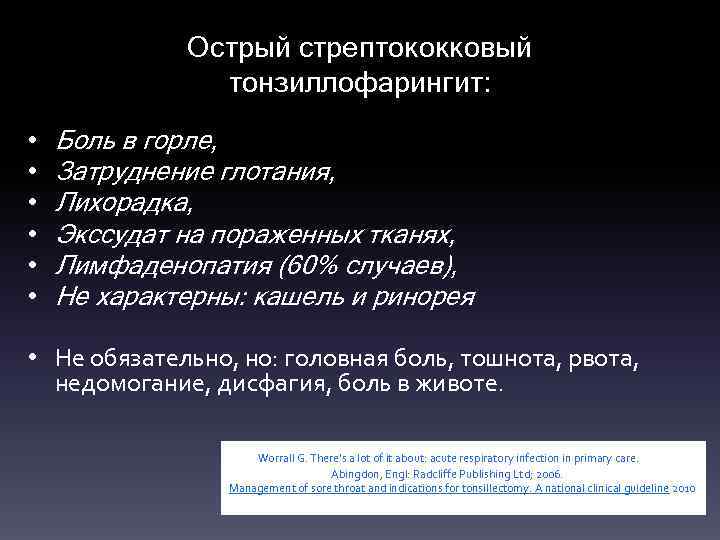 Острый стрептококковый тонзиллофарингит: • • • Боль в горле, Затруднение глотания, Лихорадка, Экссудат на
