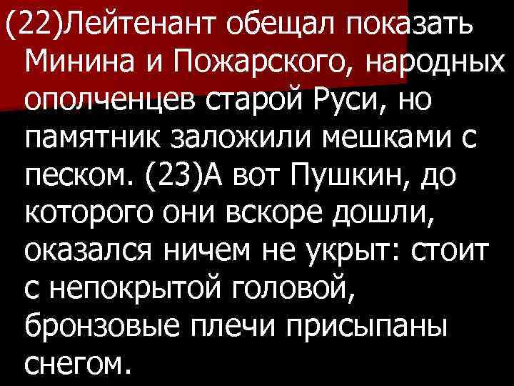 (22)Лейтенант обещал показать Минина и Пожарского, народных ополченцев старой Руси, но памятник заложили мешками