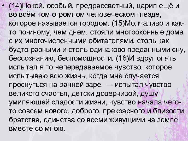  • (14)Покой, особый, предрассветный, царил ещё и во всём том огромном человеческом гнезде,