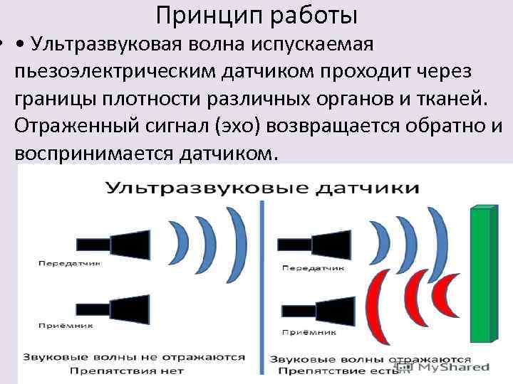 Принцип работы • • Ультразвуковая волна испускаемая пьезоэлектрическим датчиком проходит через границы плотности различных