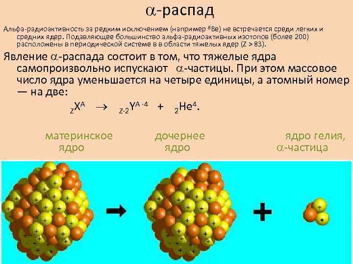  -распад Альфа-радиоактивность за редким исключением (например 8 Be) не встречается среди легких и