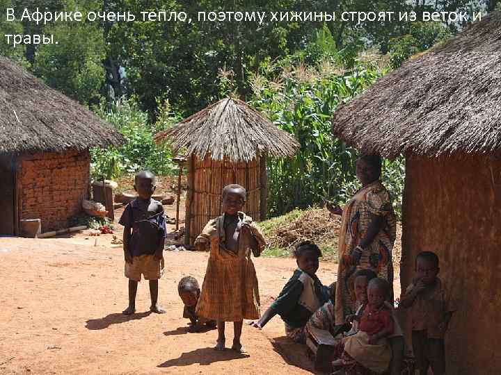 В Африке очень тепло, поэтому хижины строят из веток и травы. 
