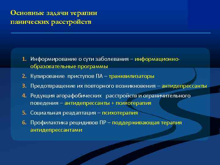 Основные задачи терапии панических расстройств 1. Информирование о сути заболевания – информационнообразовательные программы 2.