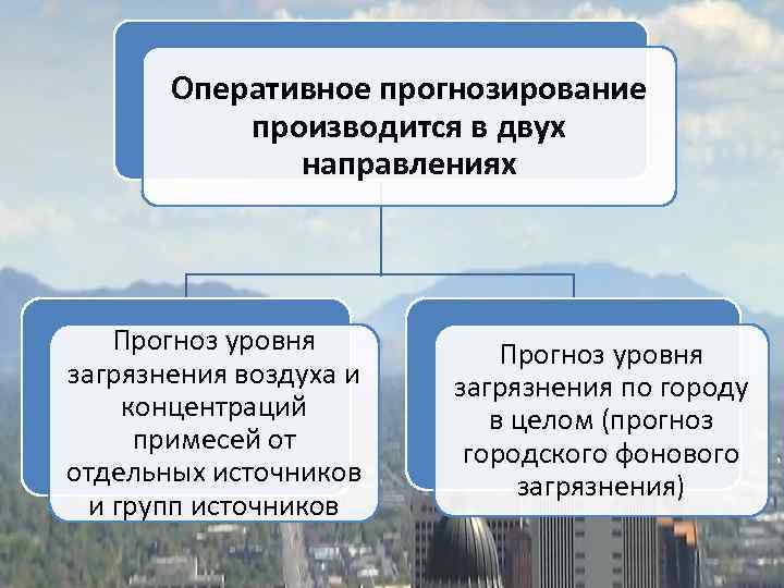 Оперативное прогнозирование производится в двух направлениях Прогноз уровня загрязнения воздуха и концентраций примесей от