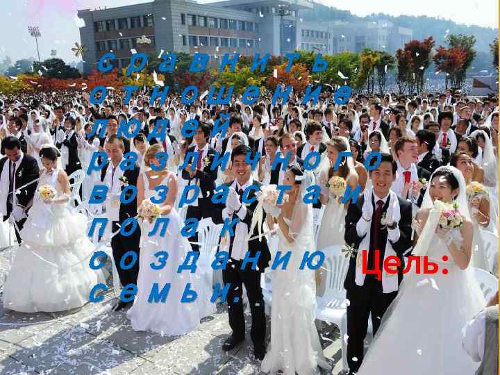 *сравнить отношение людей различного возраста и пола к созданию *Цель: семьи. 