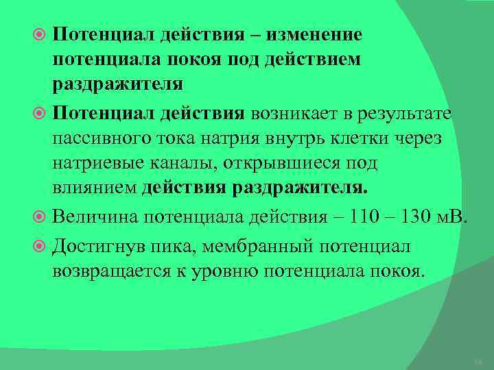 Потенциал действия – изменение потенциала покоя под действием раздражителя Потенциал действия возникает в результате