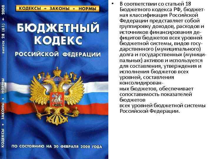  • В соответствии со статьей 18 Бюджетного кодекса РФ, бюджетная классификация Российской Федерации