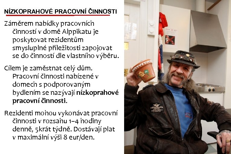 NÍZKOPRAHOVÉ PRACOVNÍ ČINNOSTI Záměrem nabídky pracovních činností v domě Alppikatu je poskytovat rezidentům smysluplné