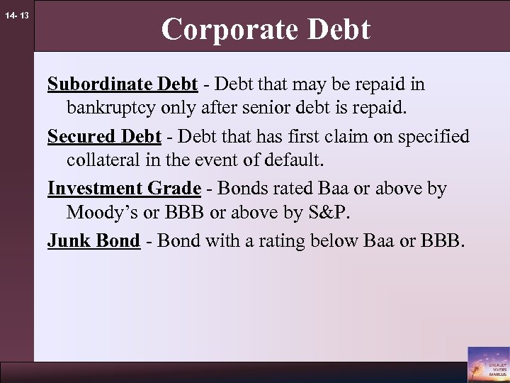 14 - 13 Corporate Debt Subordinate Debt - Debt that may be repaid in