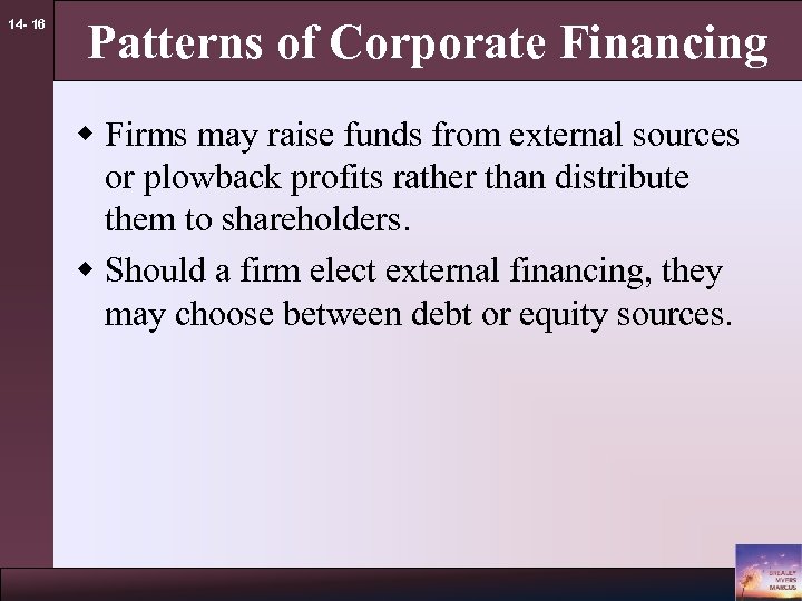 14 - 16 Patterns of Corporate Financing w Firms may raise funds from external