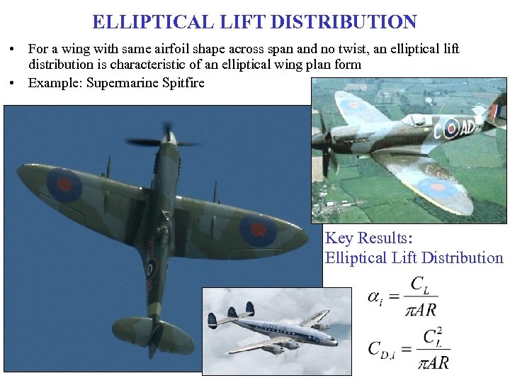 ELLIPTICAL LIFT DISTRIBUTION • For a wing with same airfoil shape across span and